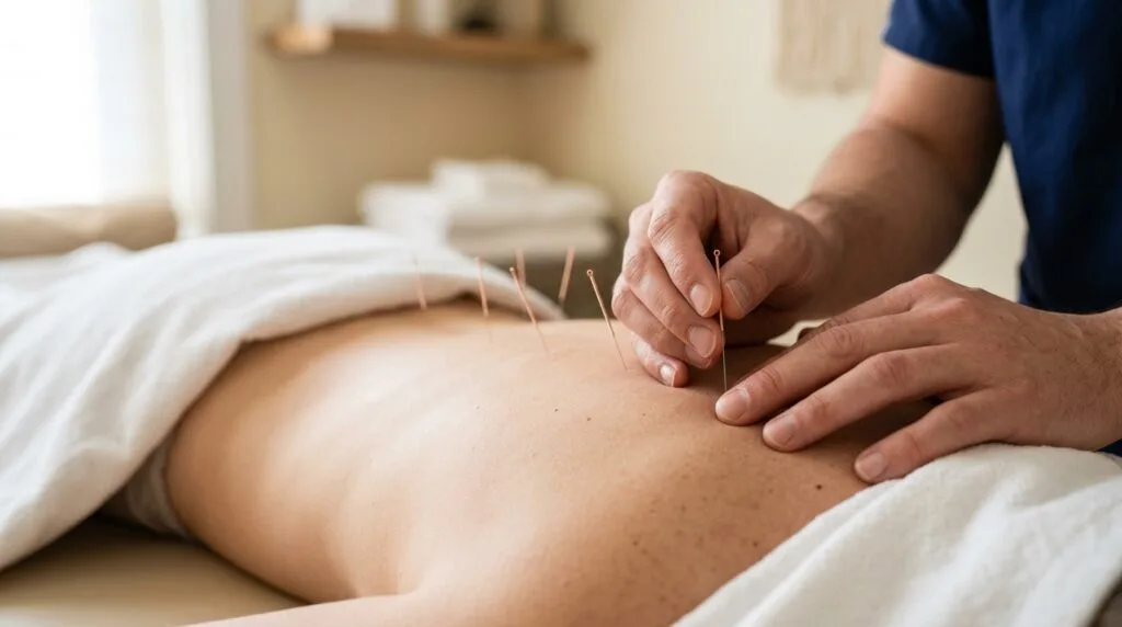 Manos profesionales colocando agujas de acupuntura en la espalda de un paciente