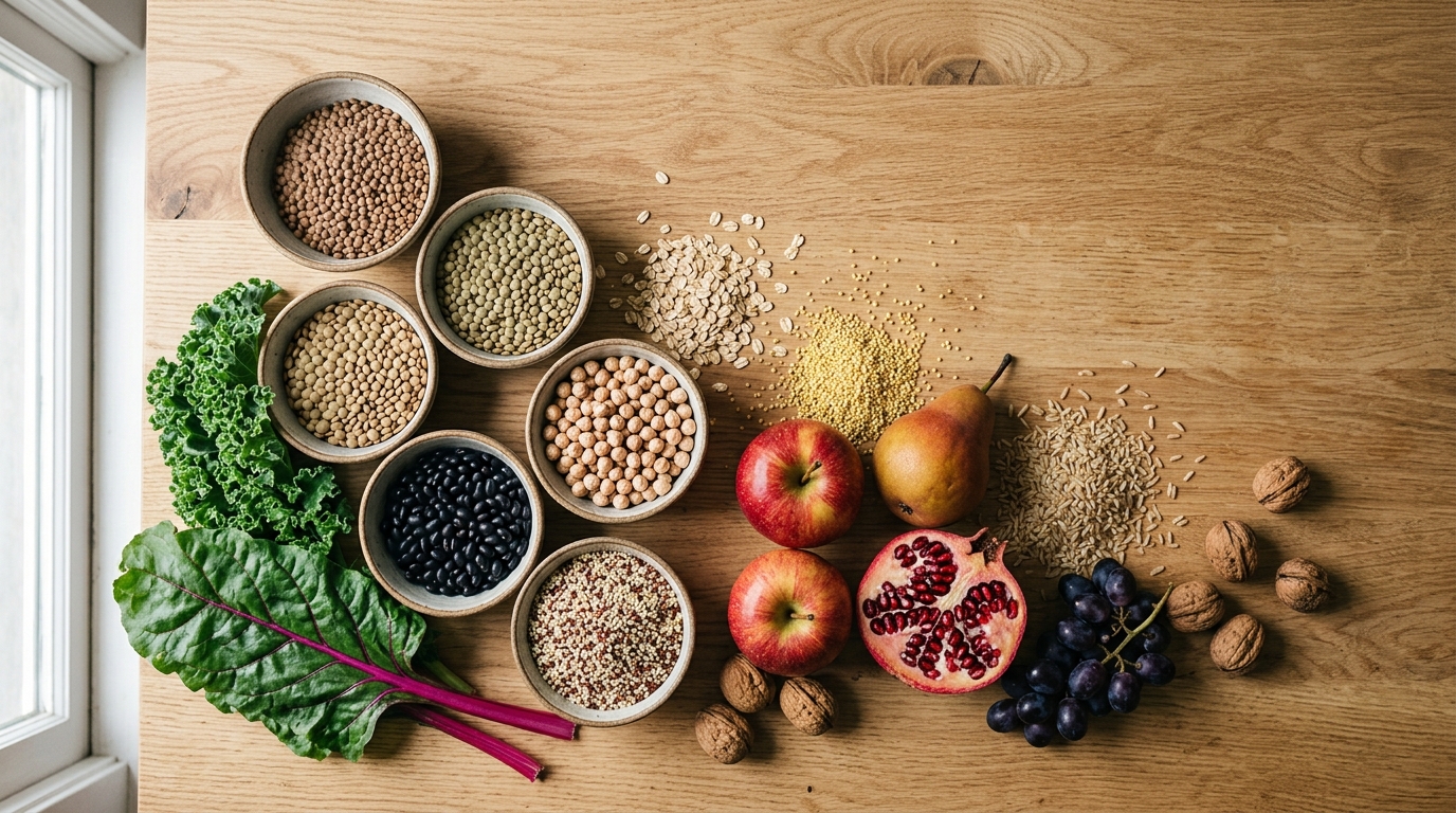 Composició cenital amb llegums, vegetals de fulla verda, fruita sencera i cereals integrals sobre taula de fusta