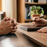 Manos de profesional y paciente sobre un escritorio durante una primera visita clínica