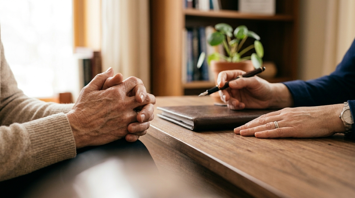 Manos de profesional y paciente sobre un escritorio durante una primera visita clínica