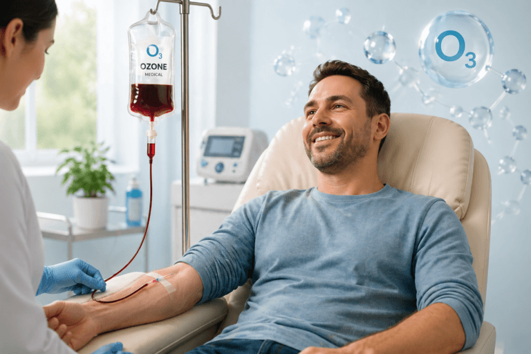Paciente recibiendo autohemoterapia mayor con ozono medicinal mediante bolsa intravenosa O3 en el Centre Mèdic Dr. Aldosa