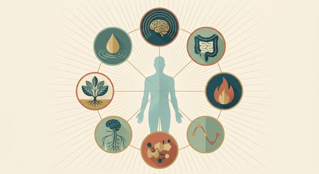 Los 8 ejes de evaluación de la PNI: estrés, intestino, inflamación, hormonas, nutrición, mitocondria, sistema nervioso autónomo y entorno