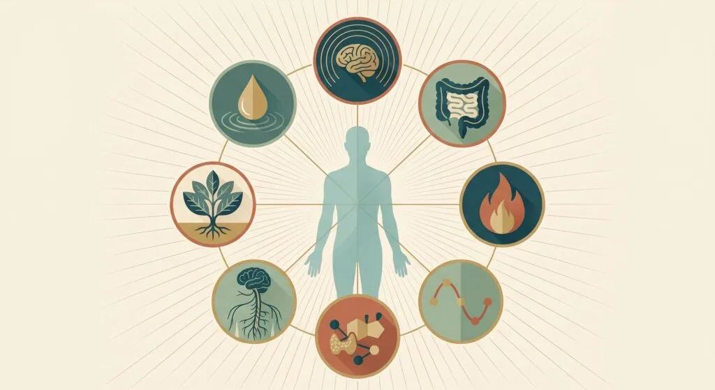 Los 8 ejes de evaluación de la PNI: estrés, intestino, inflamación, hormonas, nutrición, mitocondria, sistema nervioso autónomo y entorno