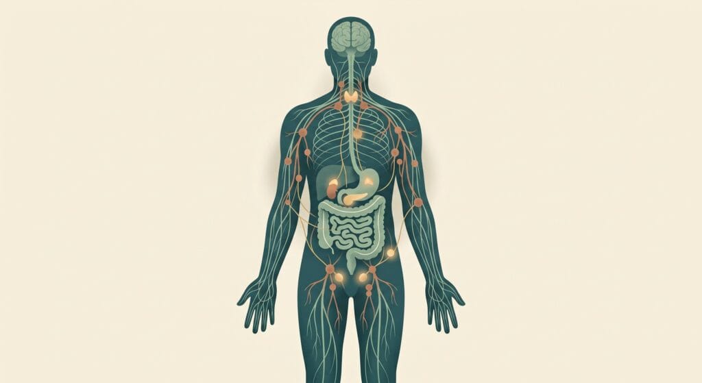 Diagrama del cuerpo humano mostrando sistema nervioso, digestivo y linfático interconectados - PNI