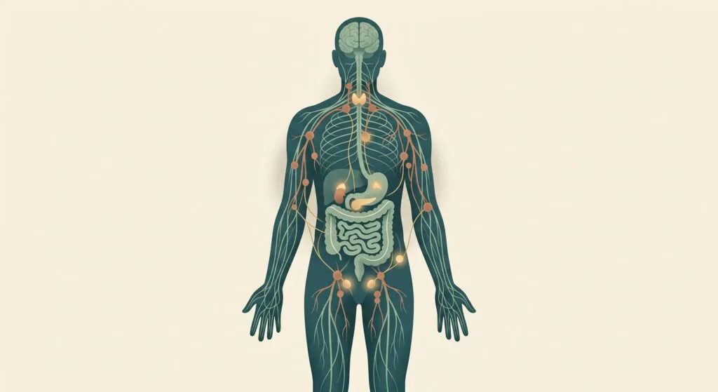 Diagrama del cuerpo humano mostrando sistema nervioso, digestivo y linfático interconectados - PNI