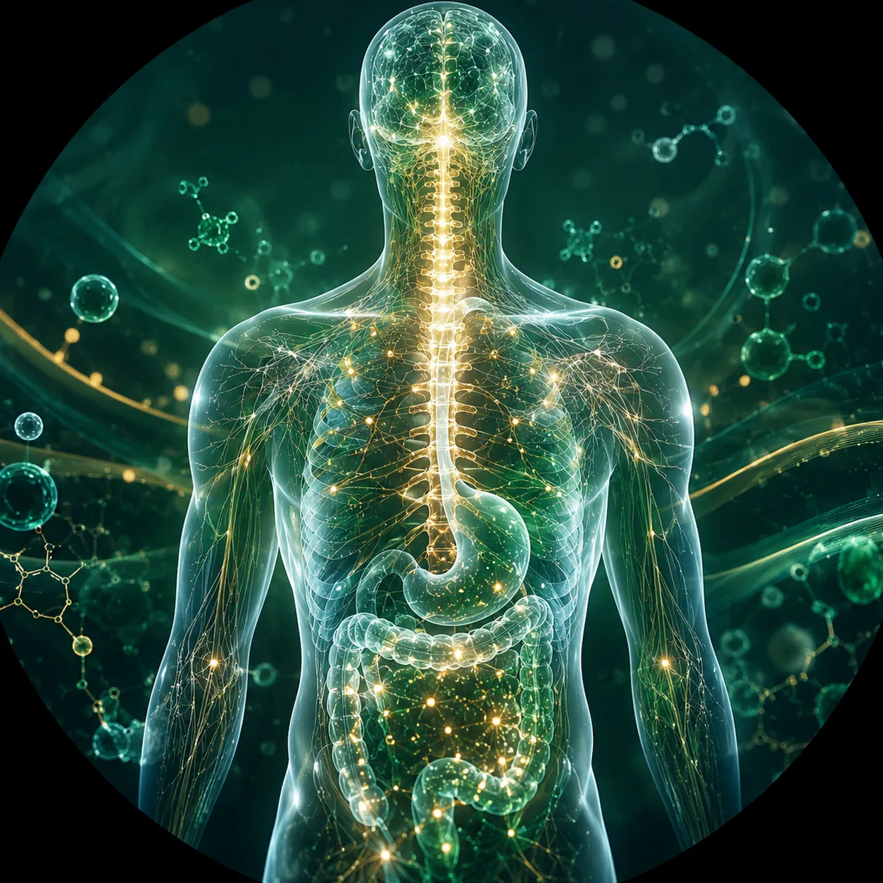 Cos humà amb sistema nerviós i digestiu il·luminats — medicina integrativa, Centre Mèdic Dr. Aldosa
