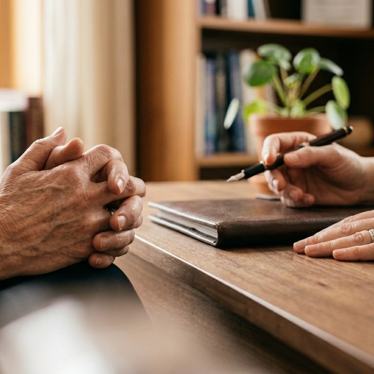 Manos de profesional y paciente sobre un escritorio durante una primera visita clínica